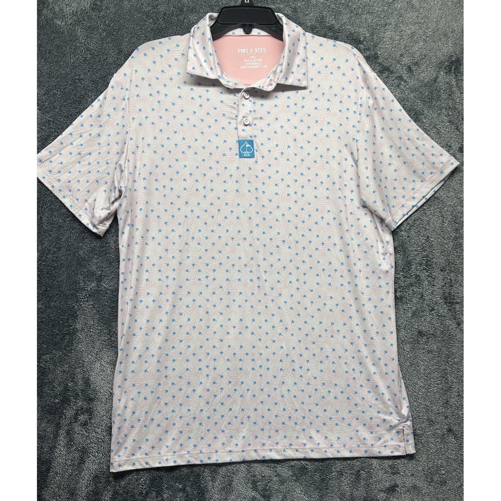 Pins & Aces Mens Size L Beige Short Sleeve Palm Trees Golf Polo Shirt (J8)
